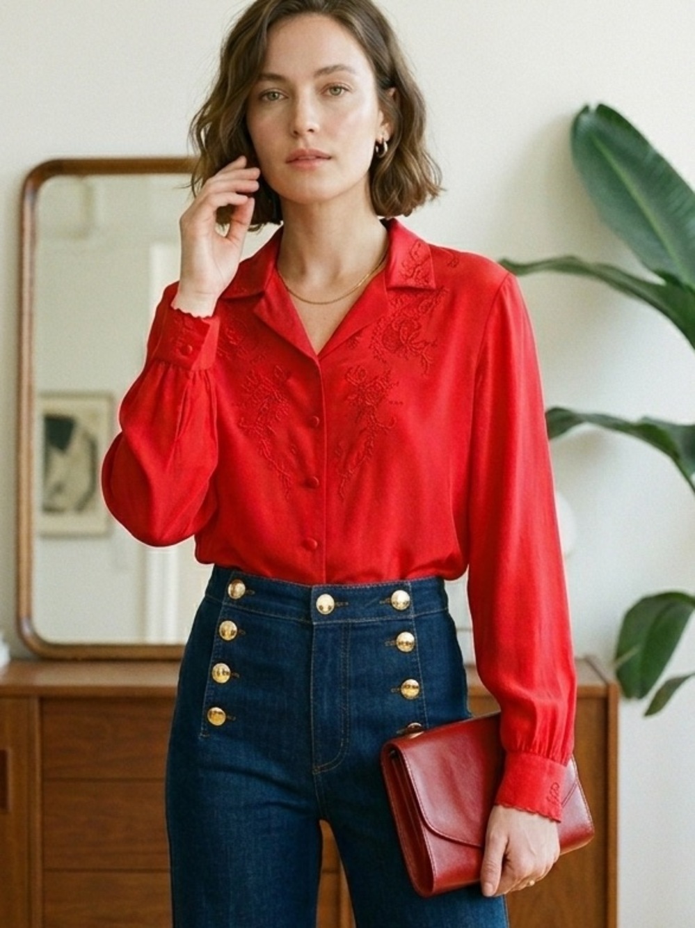 Vintage 100% Silk Cherry Red Blouse Hand Embroidered Floral Detail Twee Chic M